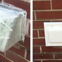 Before and after replacing and old dryer vent cover with a new pest free cover.