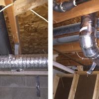 Flammable, improper foil wrapped tubing was used for the dryer vent line and the line was installed with a 90 degree turn, encouraging lint collection and clogging. Dryer Vent Wizard brought the vent line up to safety standards with rigid, aluminum venting materials.