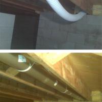 The top image shows a dryer vent line using dangerous, flammable vinyl venting. The bottom image shows the fix: code compliant, rigid aluminum dryer venting.